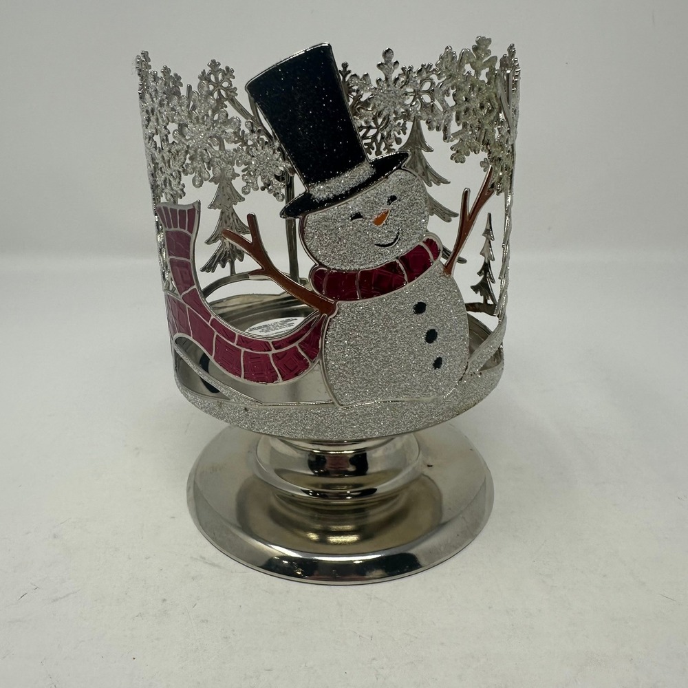 Bath & Body Works Candle Holder Silver Snowman Snowflake 3-Wick Pedestal Holiday
